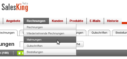 Rechnungen Menu mit Gutschriften, Mahnungen, wiederkehrenden Rechnungen